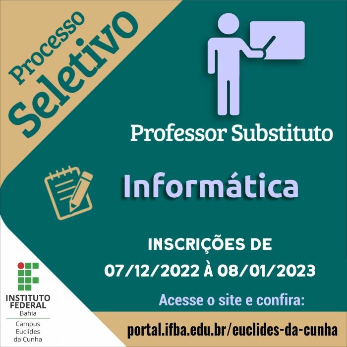 IFBA abre processo seletivo para professor substituto de informática, em Euclides da Cunha