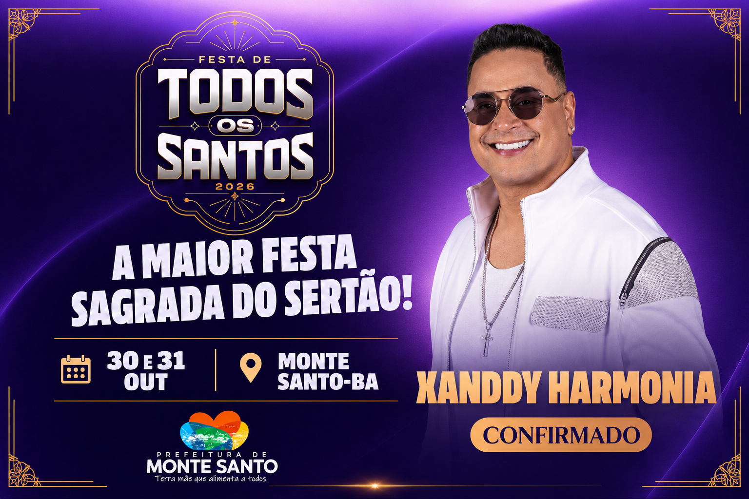 Prefeitura divulga Xandy Harmonia como primeira atração da Festa de Todos os Santos 2026