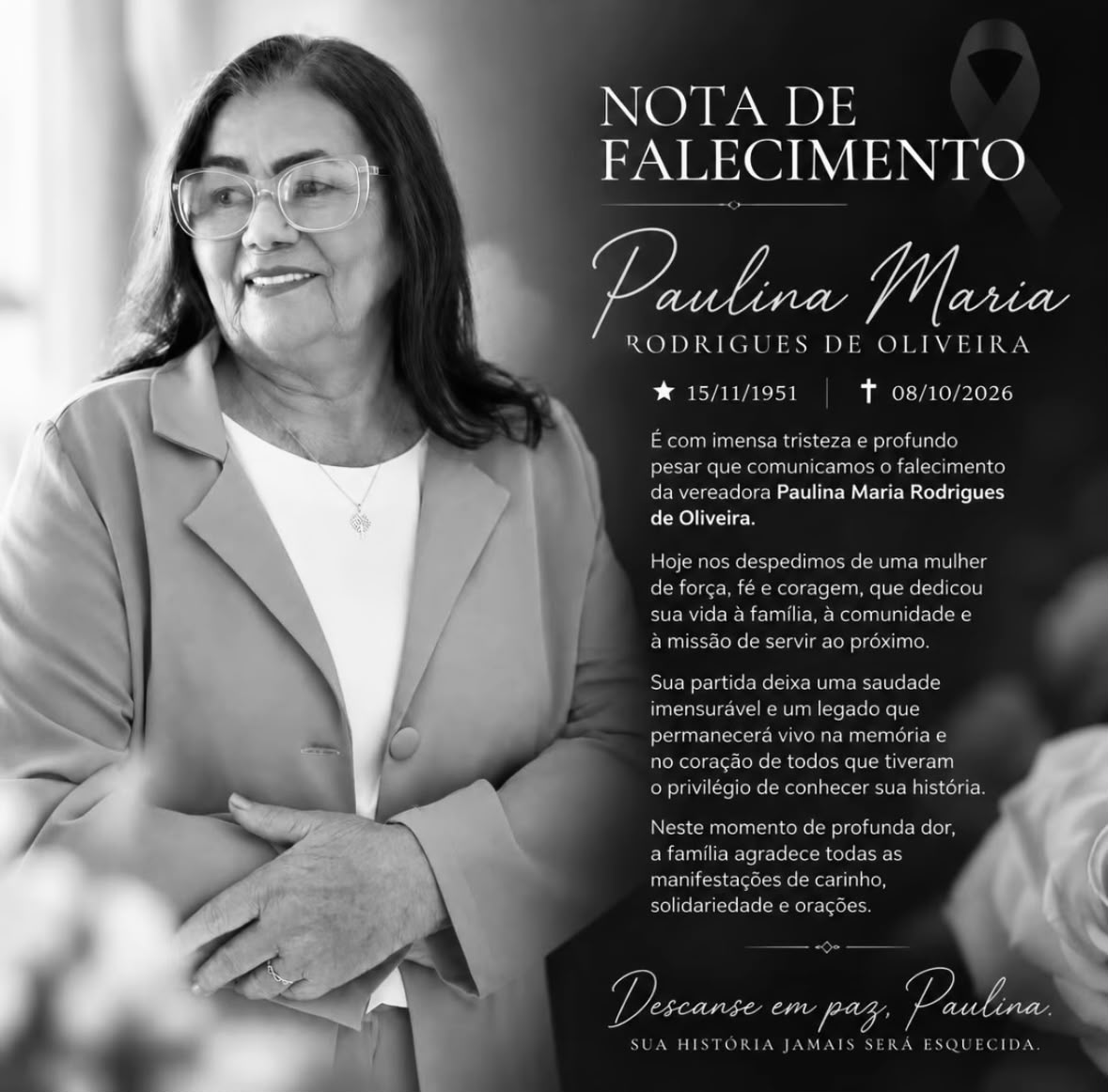 🖤 LUTO: Morre aos 71 anos a vereadora Paulina, uma das figuras mais experientes da política de Monte Santo